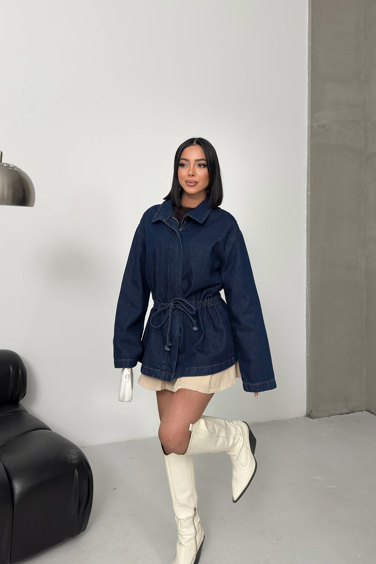 Jachetă Denim cu Detalii de Fronceu la Talie 6145