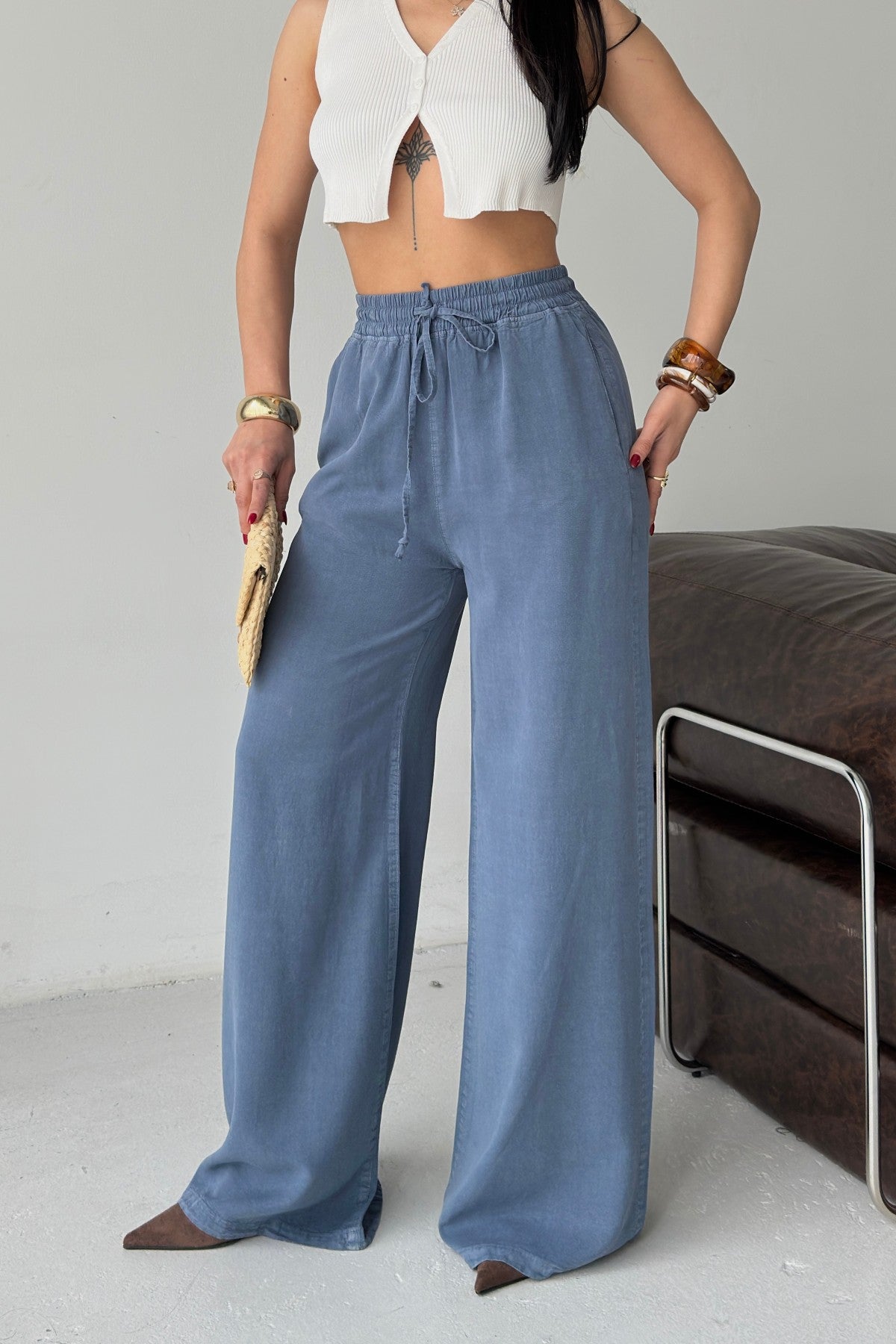 Pantaloni Palazzo cu Talie Elastica HS708