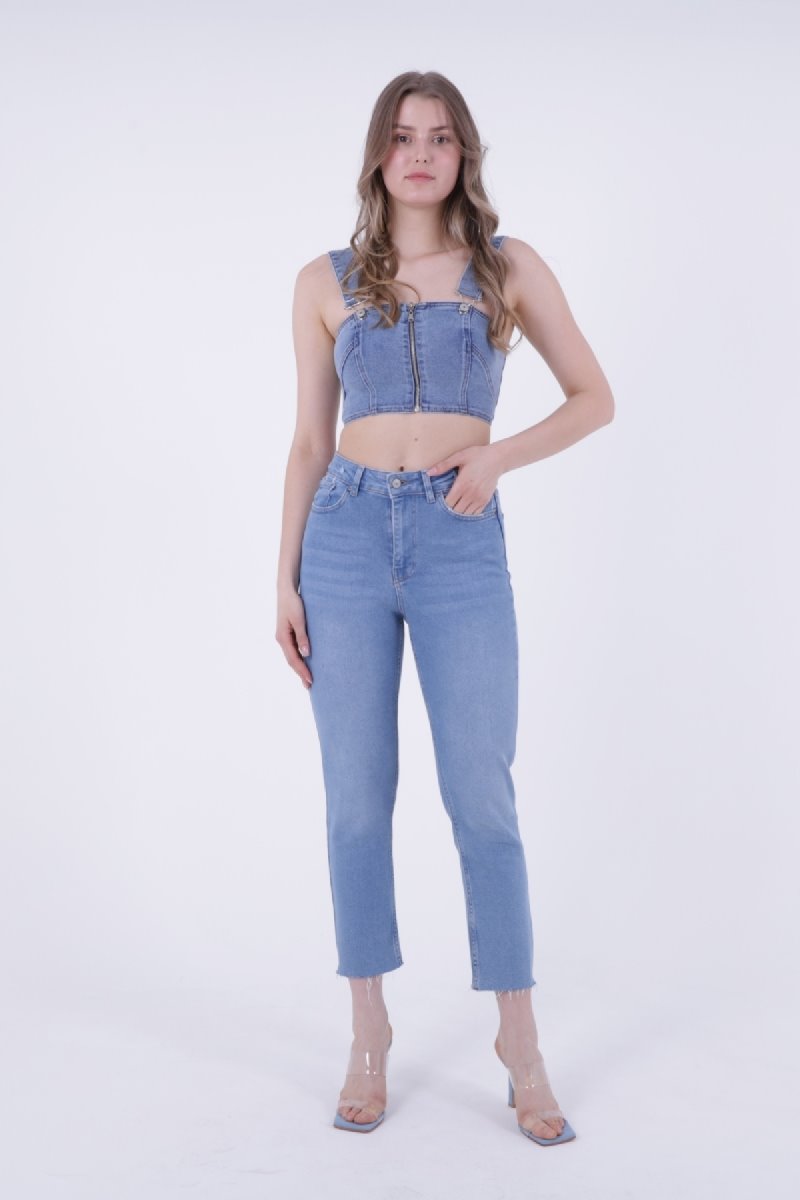 Pantaloni Denim Mom Fit cu Crac fara Cusaturi 764