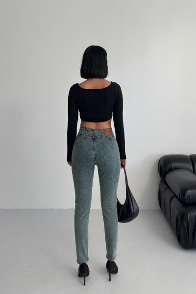Pantalon Denim Skinny cu Pliseu 7053