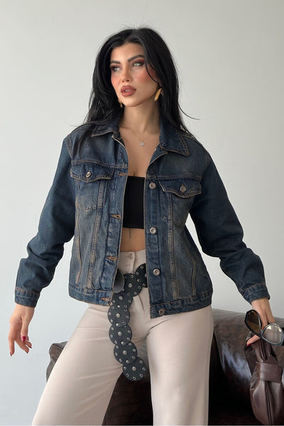 Jachetă Denim cu Guler Clasic, Buzunare și Butoane 6081