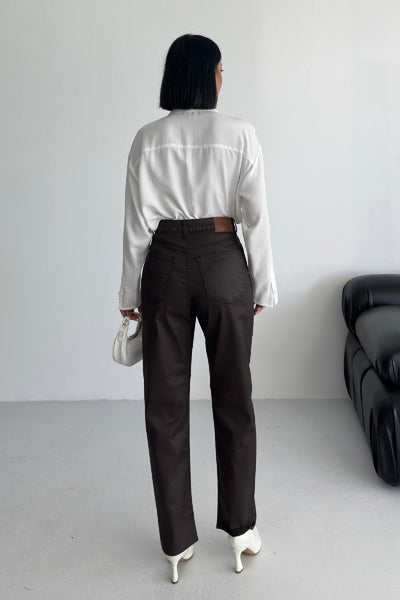 Mom Fit Coated Leather Trousers 7072