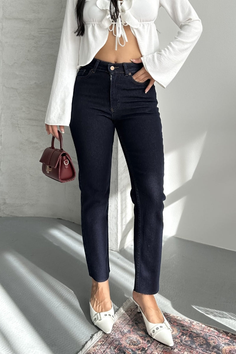 Pantaloni Denim Mom Fit cu Crac fara Cusaturi 764