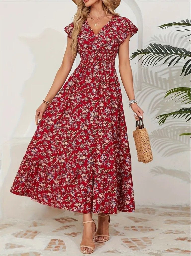 Rochie de damă cu mânecă scurtă, decolteu petrecut, elastic în talie și imprimeu floral, 35769