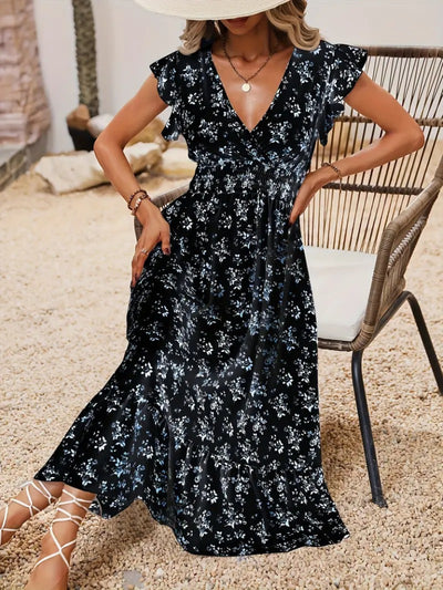 Rochie de damă cu mânecă scurtă, cu decolteu petrecut, elastic în talie și imprimeu floral, 36512