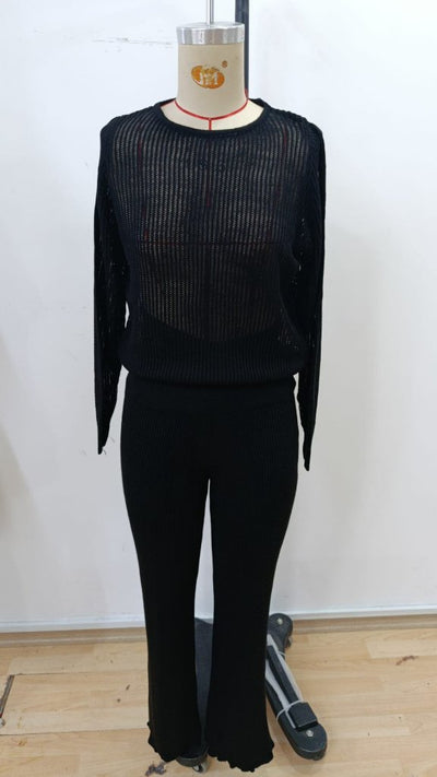 Women's Long Sleeve Crew Neck Sheer Detail Knit Blouse and Pants Two-Piece Set, 31660