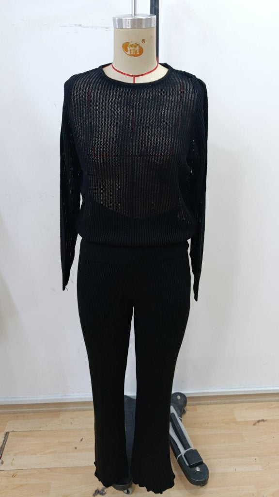 Women's Long Sleeve Crew Neck Sheer Detail Knit Blouse and Pants Two-Piece Set, 31660