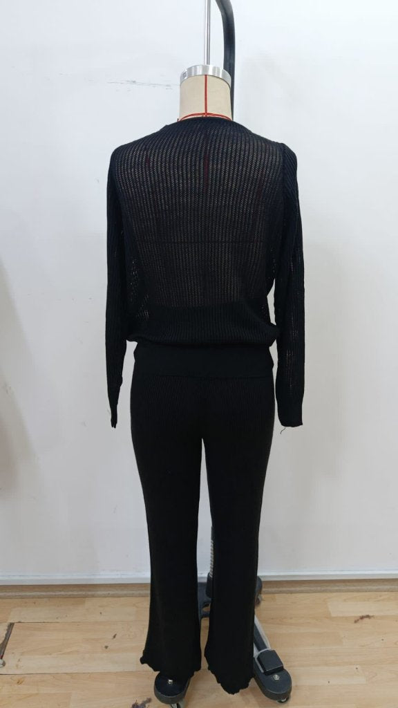 Women's Long Sleeve Crew Neck Sheer Detail Knit Blouse and Pants Two-Piece Set, 31660