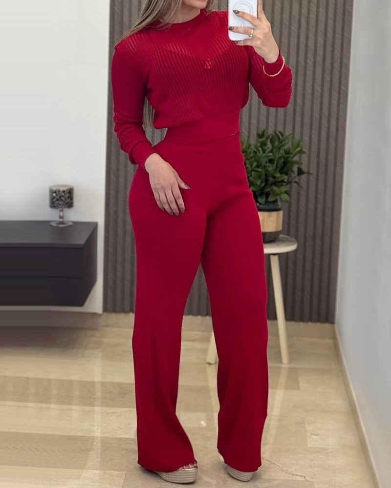 Set de două piese pentru femei, bluză și pantaloni tricotați, cu mânecă lungă, guler rotund și detalii transparente, 31662
