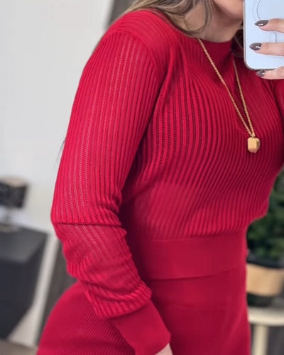 Set de două piese pentru femei, bluză și pantaloni tricotați, cu mânecă lungă, guler rotund și detalii transparente, 31662