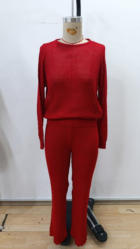 Set de două piese pentru femei, bluză și pantaloni tricotați, cu mânecă lungă, guler rotund și detalii transparente, 31662