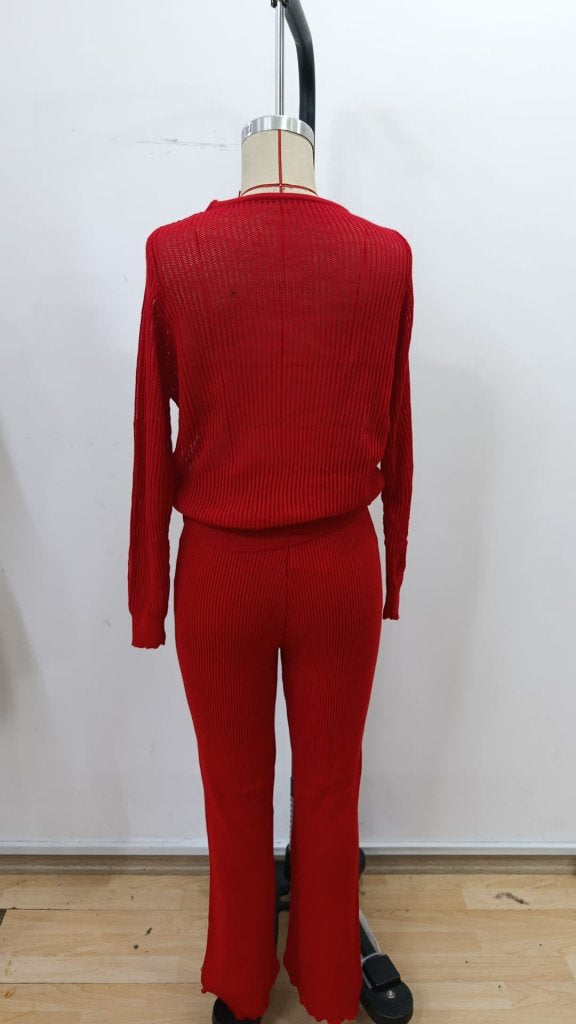 Set de două piese pentru femei, bluză și pantaloni tricotați, cu mânecă lungă, guler rotund și detalii transparente, 31662