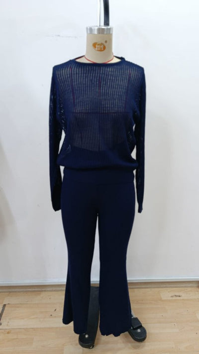 Women's Long-Sleeved Round Neck Sheer Detail Knit Blouse And Pants Two-Piece Set, 31661