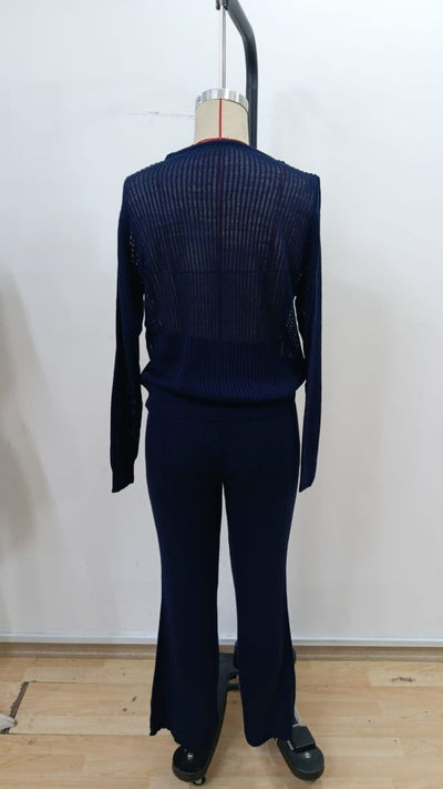 Women's Long-Sleeved Round Neck Sheer Detail Knit Blouse And Pants Two-Piece Set, 31661