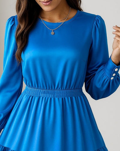 Rochie importată din crep, cu mânecă lungă, guler la baza gâtului, elastic în talie și volane pentru femei, 30089