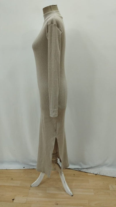 Rochie maxi pentru femei, cu mânecă lungă, guler înalt și crăpături laterale, 32074