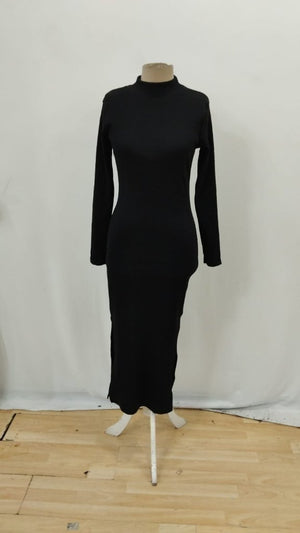 Rochie maxi pentru femei, cu mânecă lungă, guler înalt și crăpături laterale, 32075