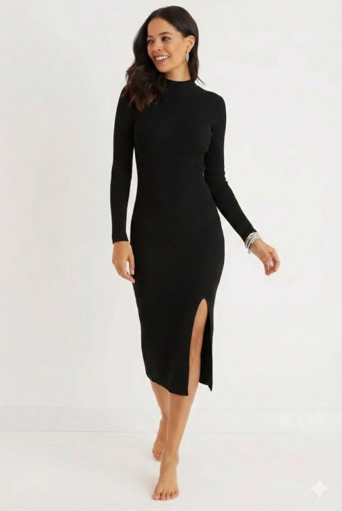 Rochie maxi pentru femei, cu mânecă lungă, guler înalt și crăpături laterale, 32075