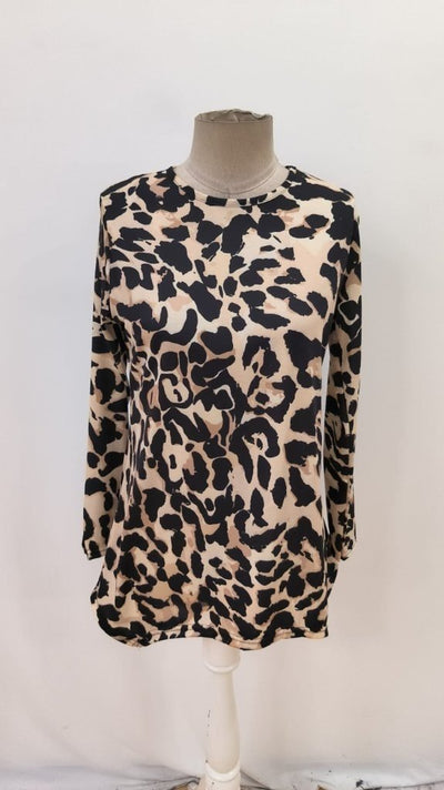 Bluz cu mânecă lungă, guler rotund, imprimeu leopard, din jerseu pentru femei, 31429