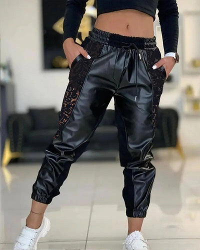 Kadın Yüksek Bel Lastikli Yanda Dantel Detaylı Bağcıklı Deri Pantolon , 30179