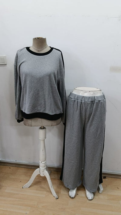 Set de două piese pentru femei, cu mânecă lungă, guler rotund, din material periat, bluză și pantaloni, 30718