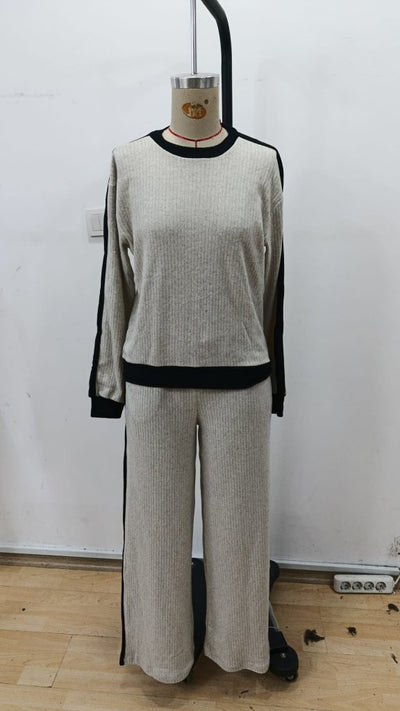 Set de două piese pentru femei, cu mânecă lungă, guler rotund, din material periat, bluză și pantaloni, 30719