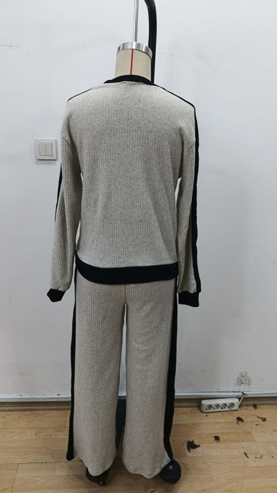 Set de două piese pentru femei, cu mânecă lungă, guler rotund, din material periat, bluză și pantaloni, 30719