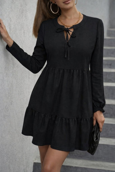 Rochie mini din in cu volane, cu mânecă lungă, cu șireturi, pentru femei, 31466