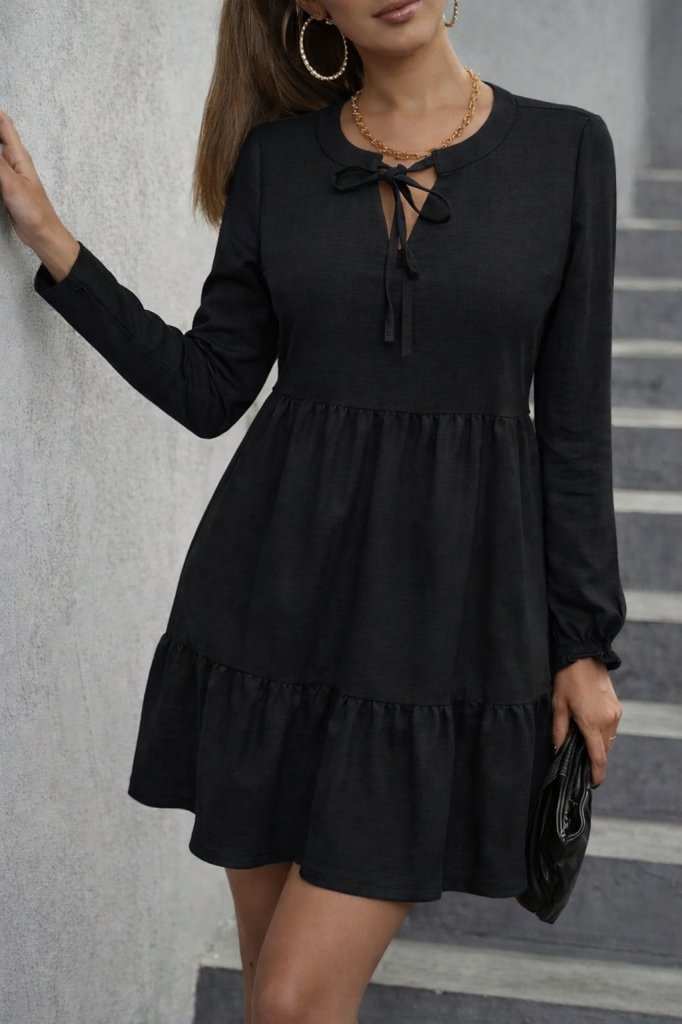Rochie mini din in cu volane, cu mânecă lungă, cu șireturi, pentru femei, 31466