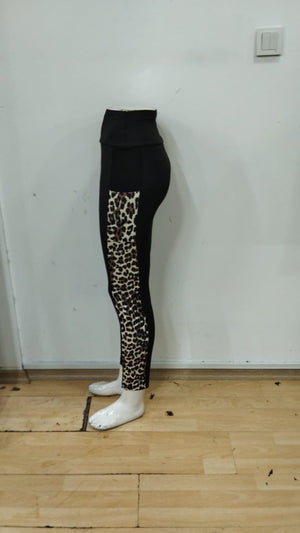 Colanți de damă cu talie înaltă, imprimeu leopard, model scuba, cu buzunare și detalii, 31674