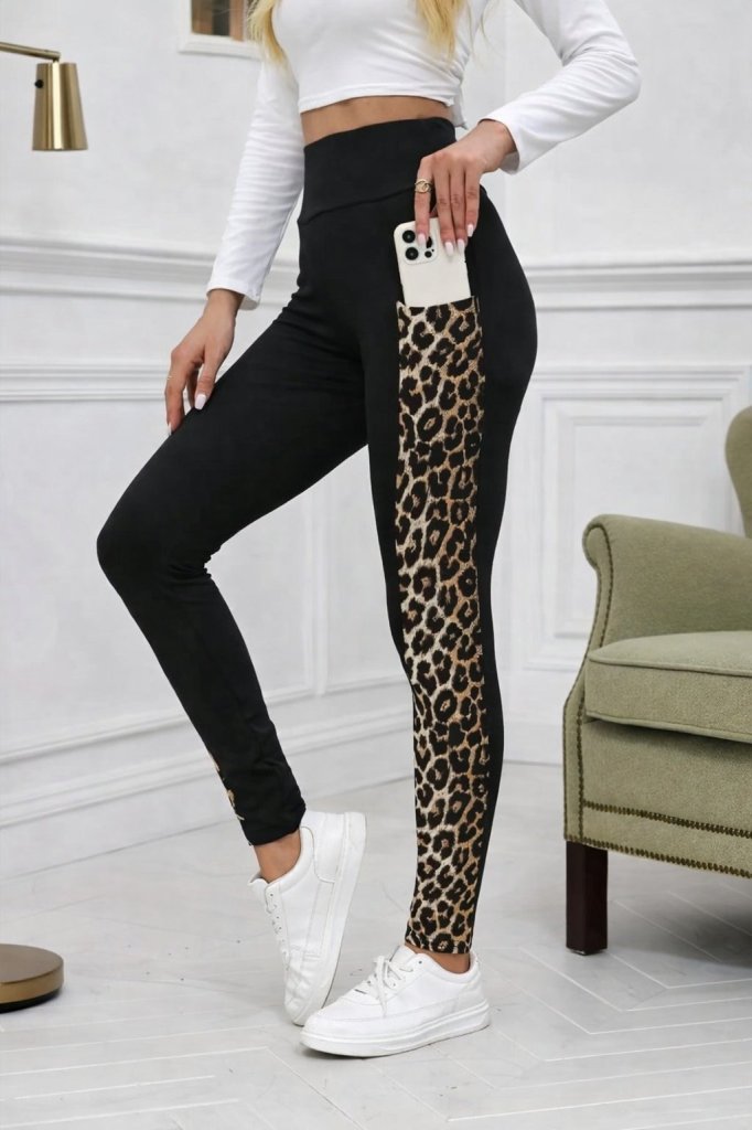 Kadın Yüksek Bel Cep Detaylı Leopar Desenli Dalgıç Tayt , 31674
