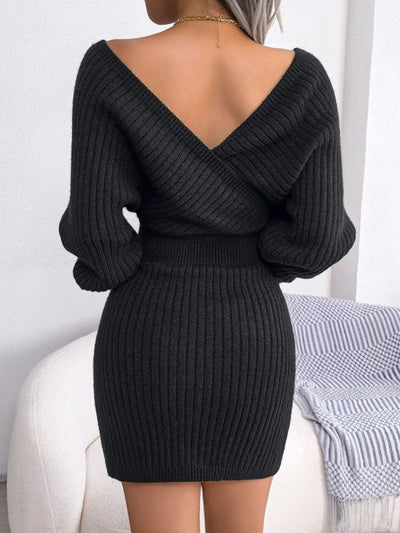 Rochie mini tricotată pentru femei, cu mânecă lungă, înfășurată în jurul gâtului și decolteu larg, 30303