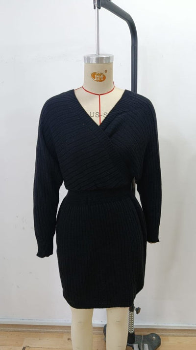 Rochie mini tricotată pentru femei, cu mânecă lungă, înfășurată în jurul gâtului și decolteu larg, 30303