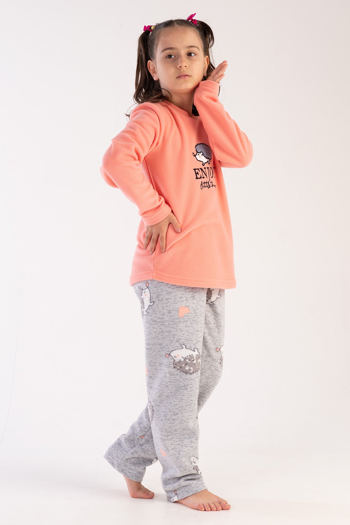 SET PIJAMA FETE, GULER CU GÂT ROTUND, MÂNECĂ LUNGĂ, TIV OVAL (7-8/13-14) - PIERSICĂ