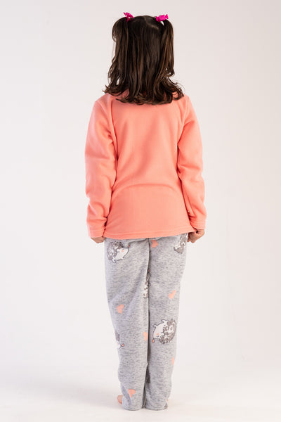 SET PIJAMA FETE, GULER CU GÂT ROTUND, MÂNECĂ LUNGĂ, TIV OVAL (7-8/13-14) - PIERSICĂ