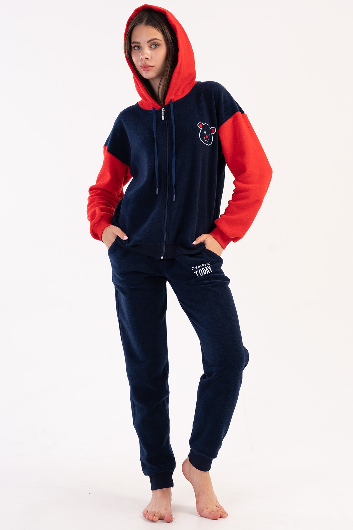 Pijama dama, fleece, cu gluga, fermoar, maneca lunga, buzunare si mansete - Bleumarin