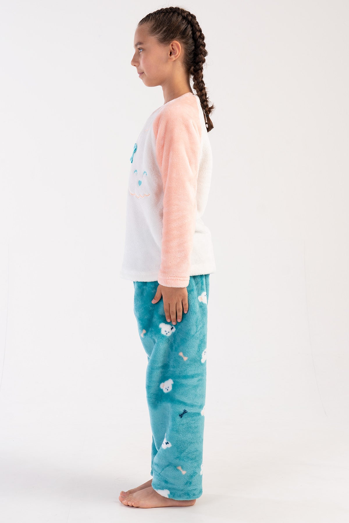 SET DE PIJAMALE PENTRU FETE CU GULER ROTUND, MÂNECĂ RAGLAN LUNGĂ, TIV OVAL (7-8/13-14) - ROZ SOFT