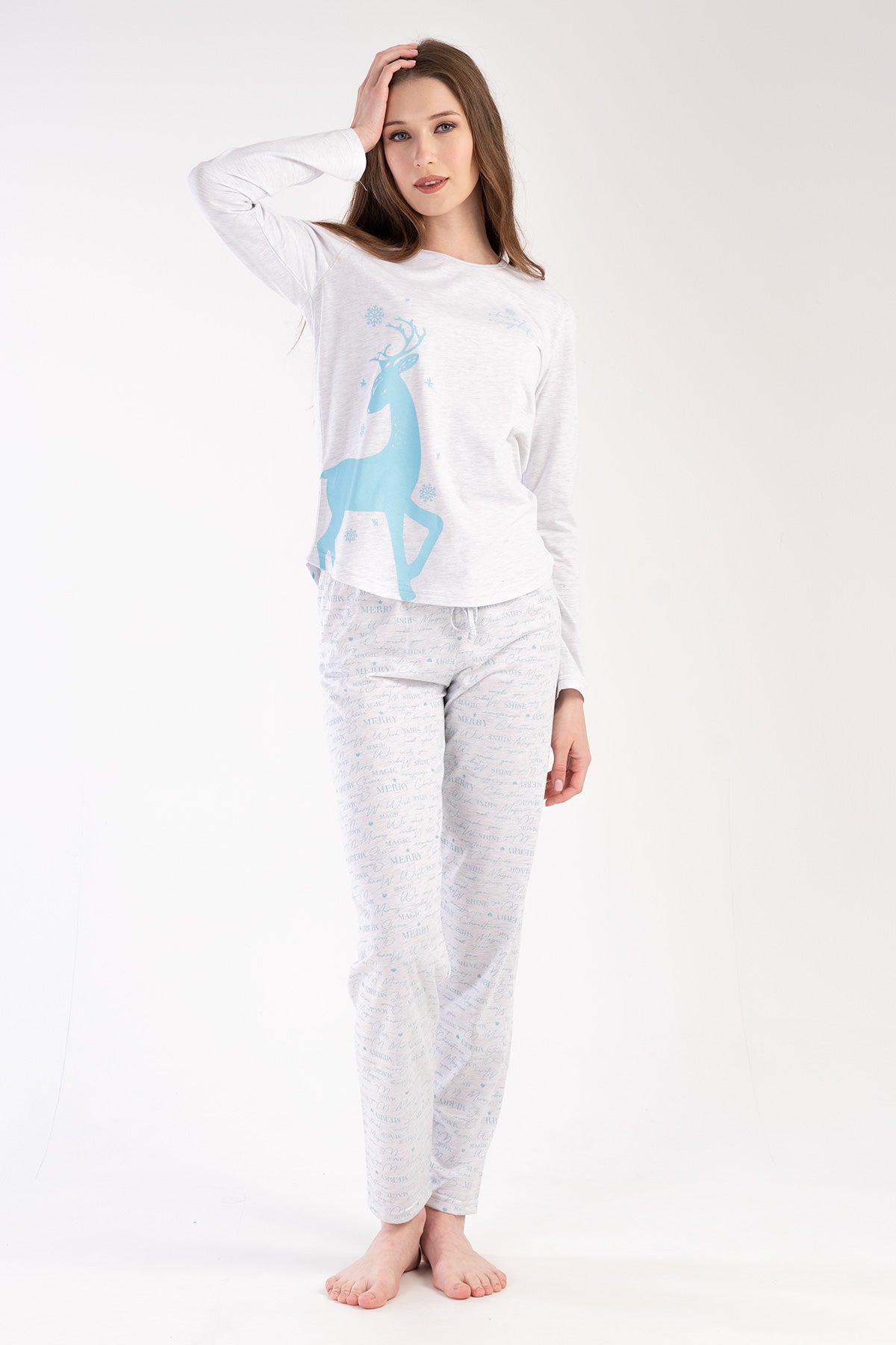 Set pijama oval cu fustă și mânecă lungă P.SUPREM pentru femei - Gri melanj
