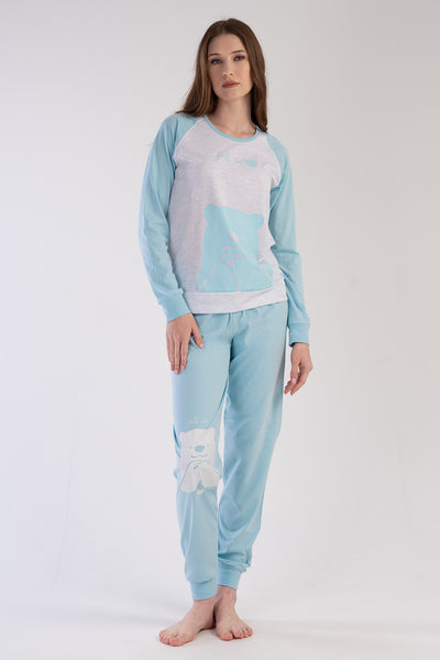 PIJAMA P.SUPREM PENTRU DAMĂ, CU GULER O, MÂNECĂ LUNGĂ, RAGLAN, ȘI MANȘETE - GRI MELANGE