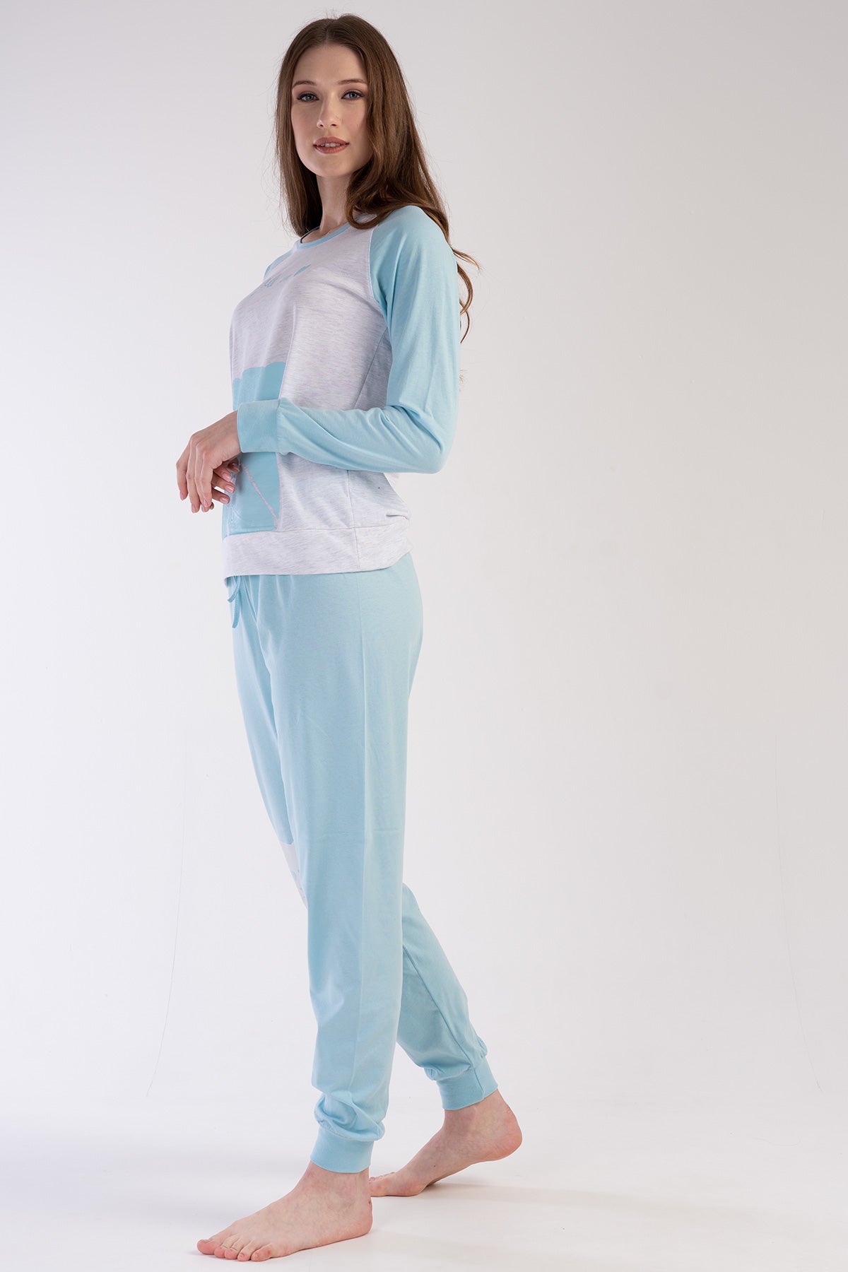 PIJAMA P.SUPREM PENTRU DAMĂ, CU GULER O, MÂNECĂ LUNGĂ, RAGLAN, ȘI MANȘETE - GRI MELANGE