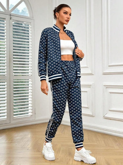 Set de damă, bluză cu mânecă lungă, fermoar frontal, model și pantaloni din două fire, 30919