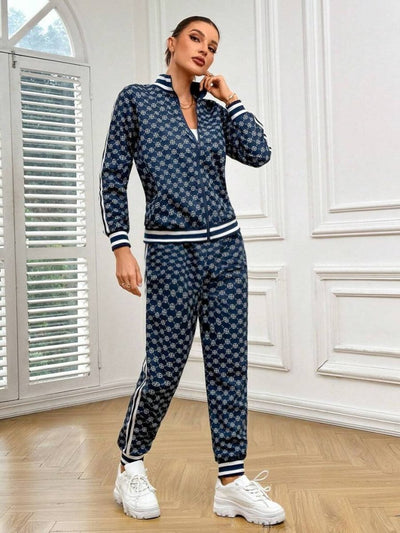 Kadın Uzun Kollu önden Fermuarlı Desenli Iki Iplik Bluz Ve Pantolon Ikili Takım, 30919