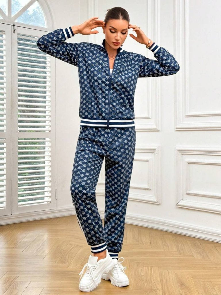 Set de damă, bluză cu mânecă lungă, fermoar frontal, model și pantaloni din două fire, 30919