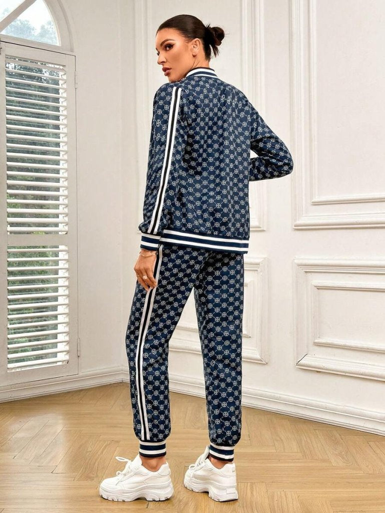 Kadın Uzun Kollu önden Fermuarlı Desenli Iki Iplik Bluz Ve Pantolon Ikili Takım, 30919
