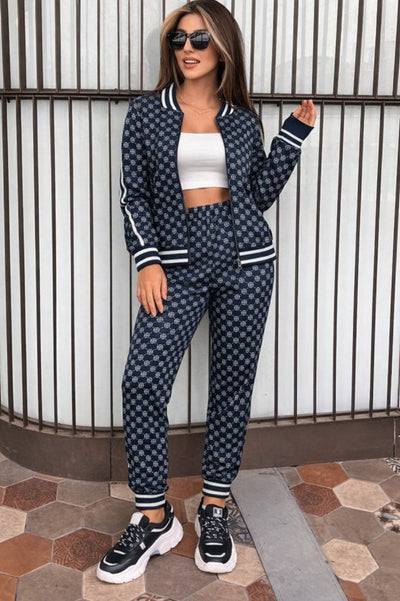 Set de damă, bluză cu mânecă lungă, fermoar frontal, model și pantaloni din două fire, 30919