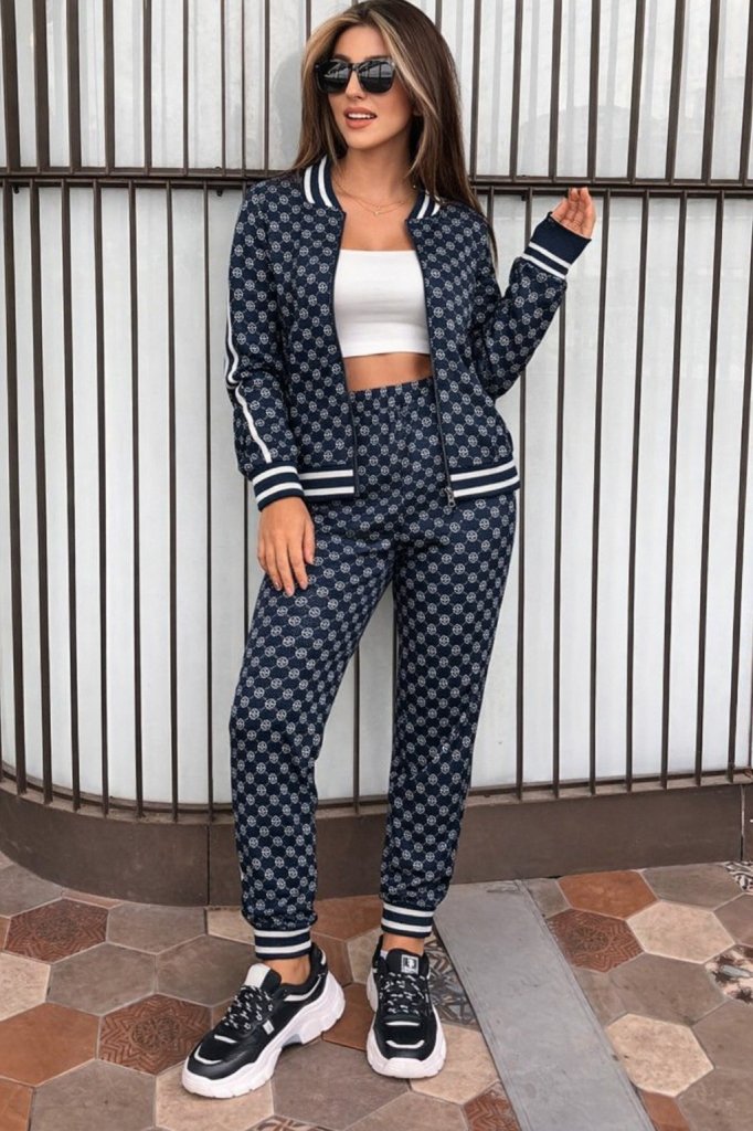 Set de damă, bluză cu mânecă lungă, fermoar frontal, model și pantaloni din două fire, 30919