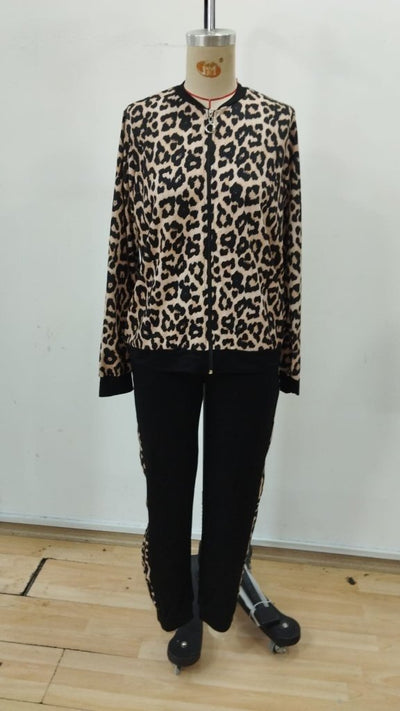 Set de două piese pentru femei, din viscoză, cu imprimeu leopard, bluză și pantaloni, cu mânecă lungă și fermoar frontal, 30363