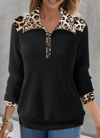Kadın Uzun Kollu Leopar Yakalı Fermuarlı Waffle Bluz, 31620