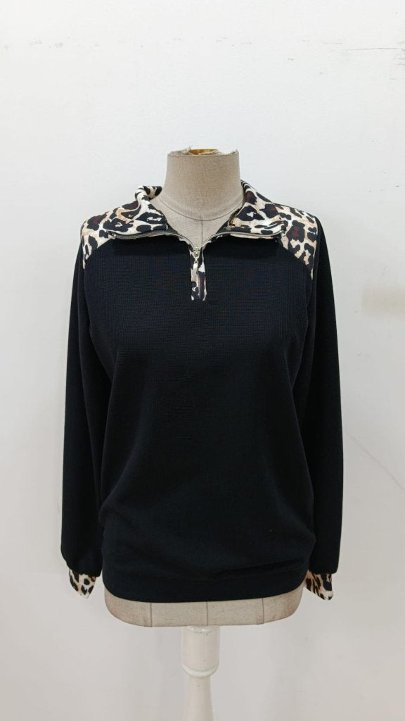Kadın Uzun Kollu Leopar Yakalı Fermuarlı Waffle Bluz, 31620