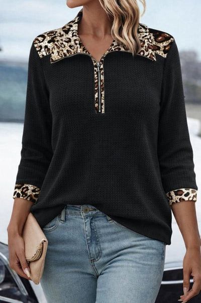 Bluz de damă, cu mânecă lungă, cu fermoar, cu guler leopard, model Waffle, 31620